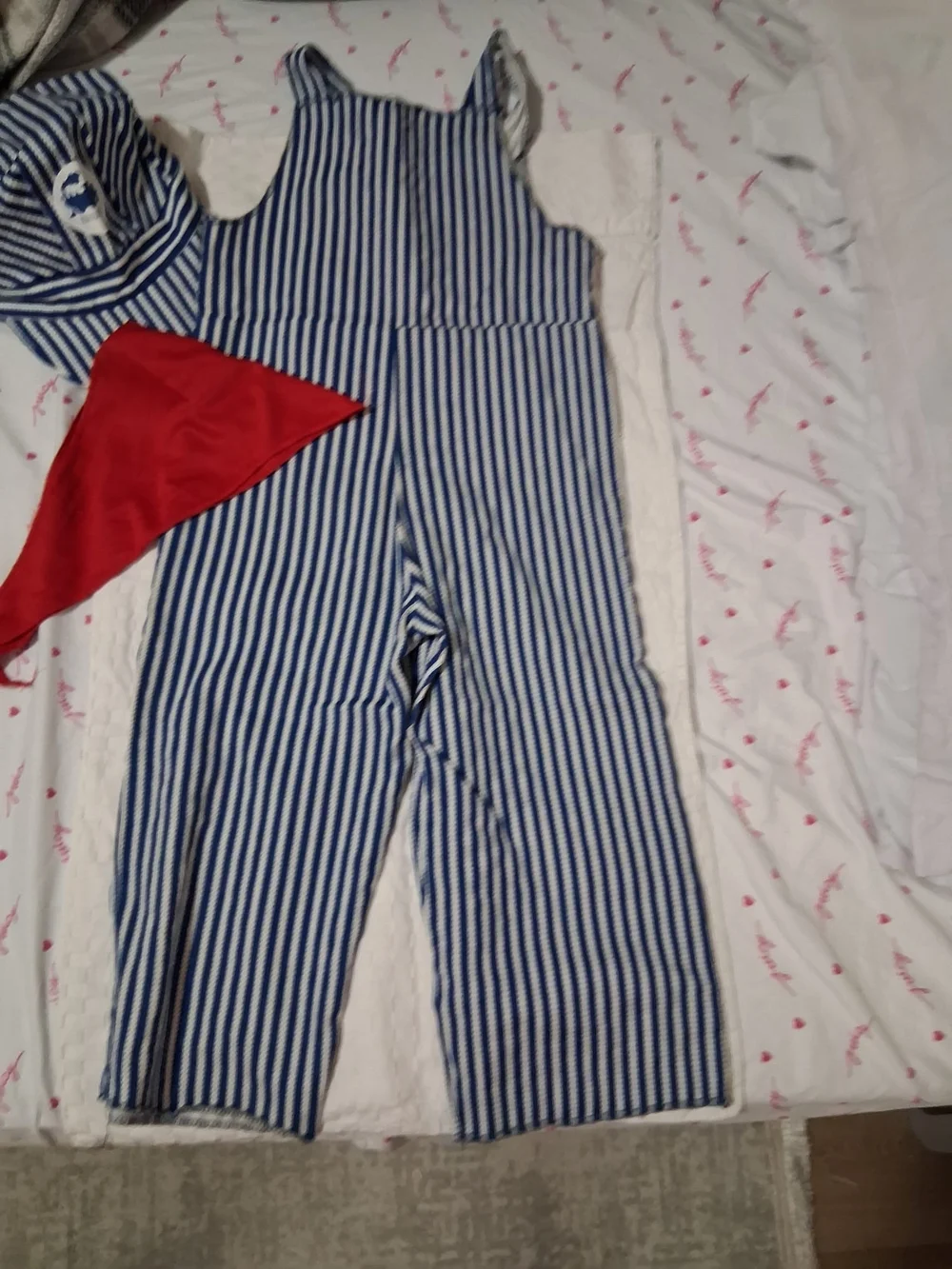 Kids Blue & White Striped Train Conductor Overalls with Red Bandana